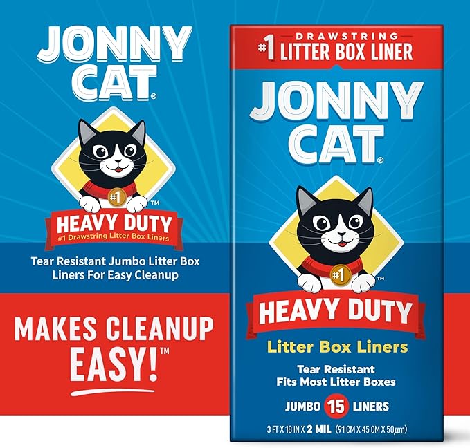 Jonny Cat Litter Box Liners: Heavy Duty - Tear & Leak Resistant - Drawstring Close - Jumbo, 15 Count (Pack of 2)