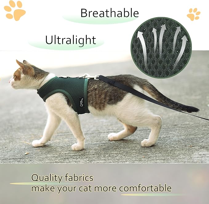 Kitty Harness and Leash for Walking Escape Proof Breathable Mesh Fabric, Solid Green, Small, Adjustable Cat Walking Jackets, Padded Stylish Cat Vest