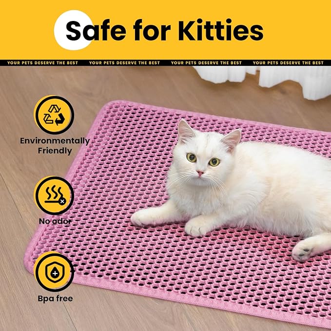 Cat Litter Mat, Upgrade Super Waterproof Back Layer Litter Box Mat, Non Slip, Durable, Soft on Paws Kitty Trapping Matt (24"x18", Pink)