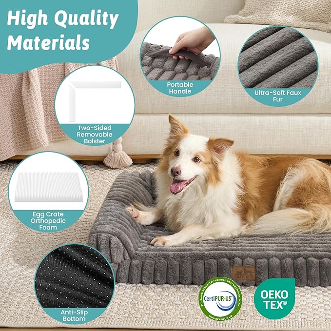 Cute Dog Bed, Faux Rabbit Fur Orthopedic Foam Dog Bed with Sides, Removable Washable Cover & Waterproof Lining, Comfortable Pet Couch for Small Dogs, Grey (30" L x 20" W x 6" Th)