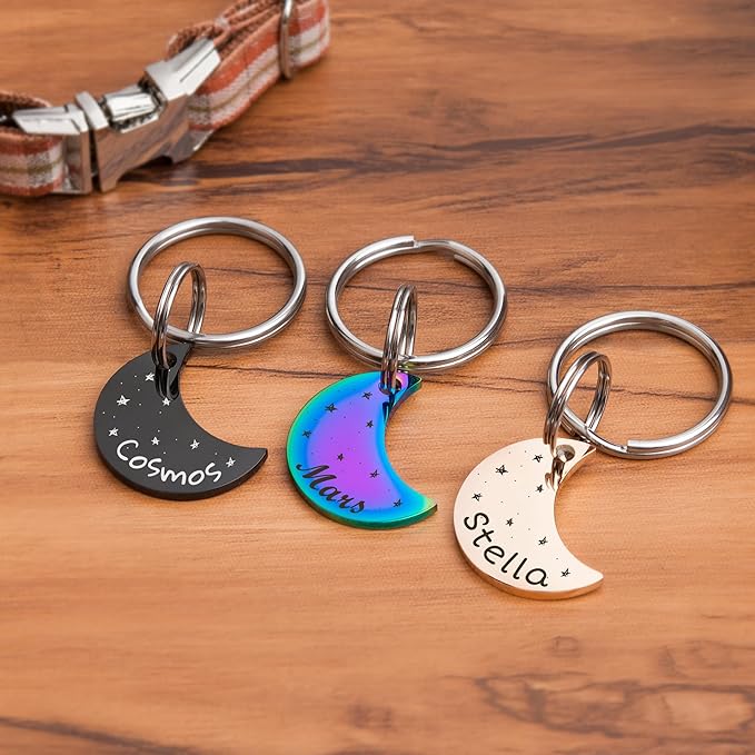 Anavia Small Size Dog Cat ID Tags, Small/XS Personalized Color Plated Stainless Steel Puppy Kitten Name Tags, Customized Engraved Nameplate Pet Collar Tag (Gold, Moon)