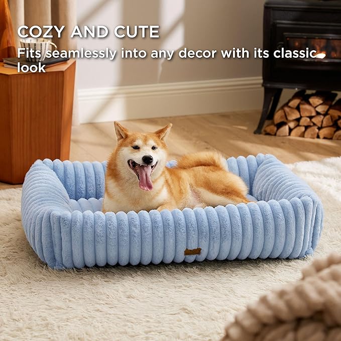 Bedsure ComfyFleece™ Washable Dog Bed for Medium Dogs - Cute Furry Puppy Beds, Rectangle Orthopedic Corduroy Fleece Pet Beds with Removable Zipper Cover, 30x24x8inches, Blue