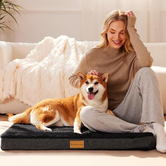 Patas Lague Orthopedic XL Dog Bed Large Sized Dog 48''X30'', Soft Waterproof Egg Crate Foam Large Pet Crate Beds Mat with Removable Washable Cover and Non-Slip Bottom, Black