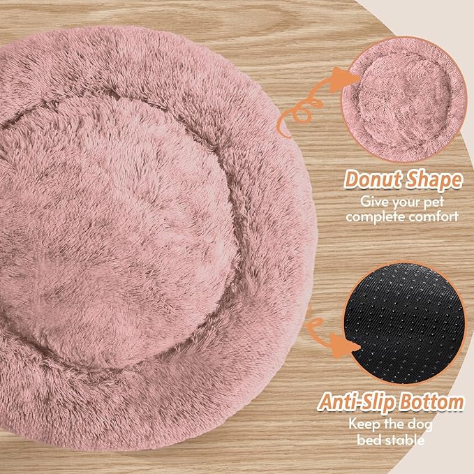 JOLLYVOGUE Calming Dog Bed Large Size Dog, Anti-Anxiety Donut Large Pet Bed, 36 inches Fluffy Faux Fur Round Cat Bed, Fits up to 75 lbs Pets (Dark Pink)
