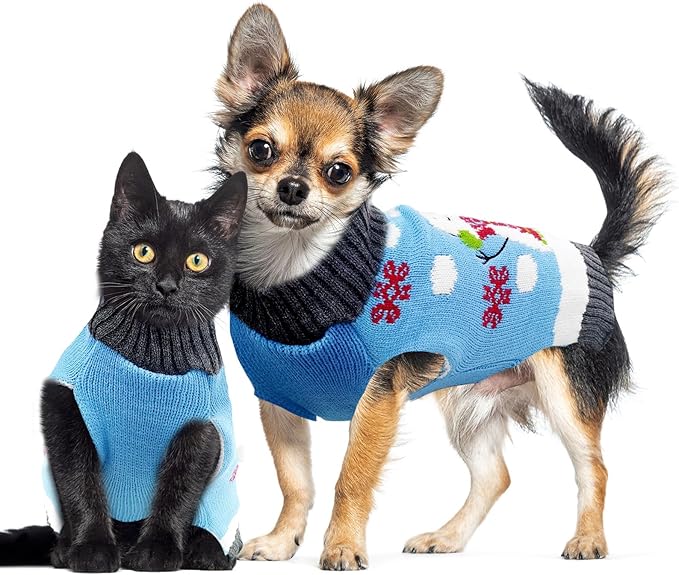 Pet Christmas Dog Sweaters Cute Animal Snowman Printed Puppy Xmas Costumes Winter Warm Turtleneck Jumpers Puppy Knitted Clothes Cat Outfits (S, Blue Snowman)