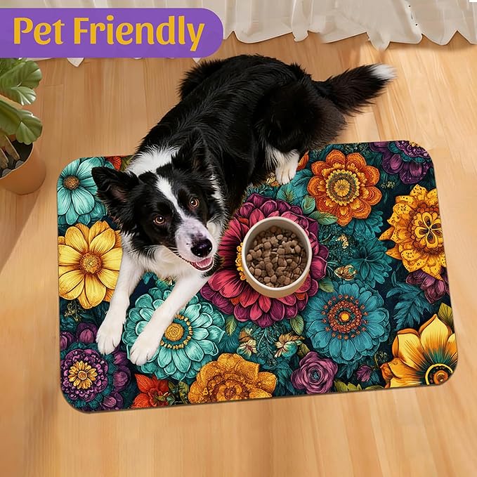 Vintage Floral Pet Feeding Mat, Fast-Dry Absorbent Dog and Cat Bowl Mat, Waterproof Rubber Base – 16x24 Inch