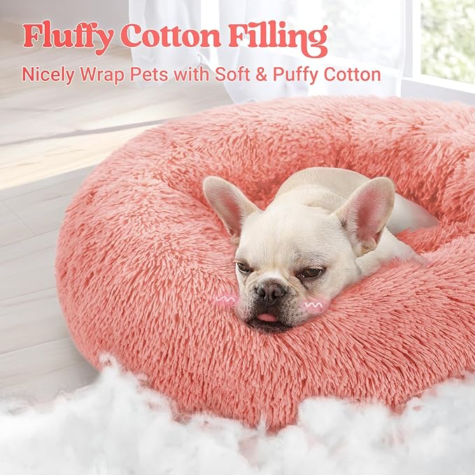 rabbitgoo Dog Bed for Small, 24 inches Machine Washable, Fluffy Donut Pet Bed Anti-Slip, Calming Soft Plush Round Cushion, Fits up to 18 lbs Pets, Pink