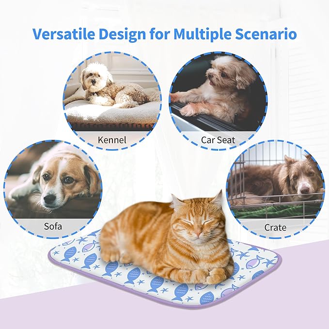 NWK Pack of 4 Pet Cooling Mat - Ice Silk Cooling Mat for Dogs & Cats Portable & Washable Pet Cooling Blanket, Car Seats, Beds for Summer (4pcs, Purple Fish, 20’’ X 16’’ X 0.3)