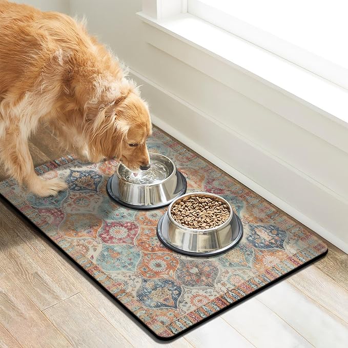 Moroccan Trellis Dog Food & Water Mat, Mexican Talavera Boho Colorful Pet Feeding Mat for Floor Non-Slip Waterproof, Super Absorbent Cat Bowl Mat, Easy to Clean Durable Pet Placemat,24" × 32"