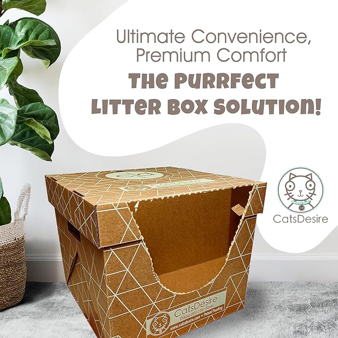 Cats Desire Litter Box - Disposable Litter Box Pack (6 pcs) - Top/Low Entry - Includes 2 lids, 2 Bases and 2 Multipurpose Pads - Partially Recycled Cardboard, 17" L x 17" W x 15.25" H