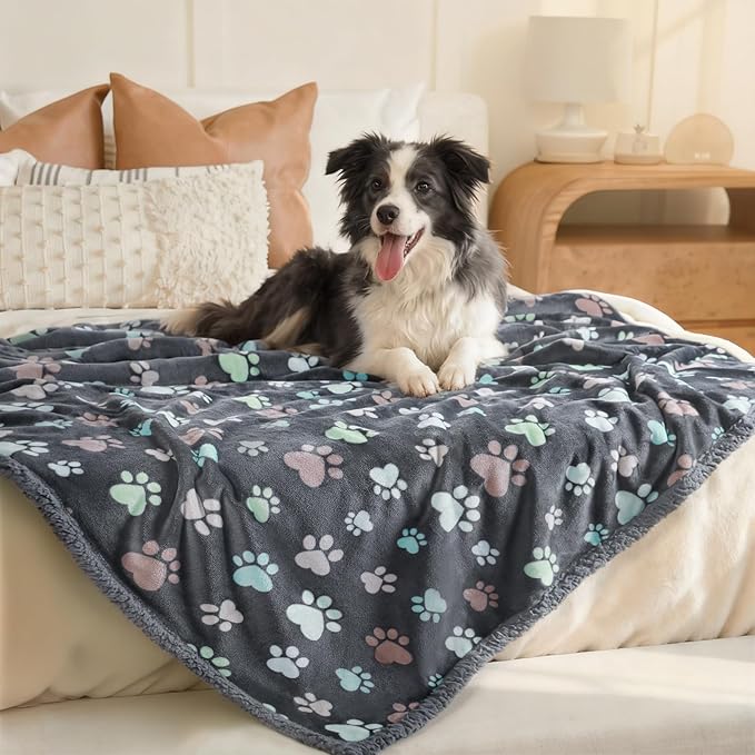 Luciphia Waterproof Pet Blankets for Couch Sofa Bed Cover Cat Liquid Pee Proof Washable Soft Fluffy Large Dog Blanket Reversible Furniture Protection Puppy Grey Paw Thicken King Size（100" x 85"）