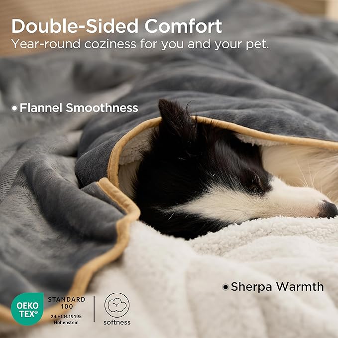 Bedsure Waterproof Blanket for Bed - Sherpa Fleece Waterproof Dog Blankets for Large Dogs, Pet Blankets for Bed/Couch/Dog Crate, Soft Plush Reversible Furniture Protector, Twin-XL, 66"x90", Grey