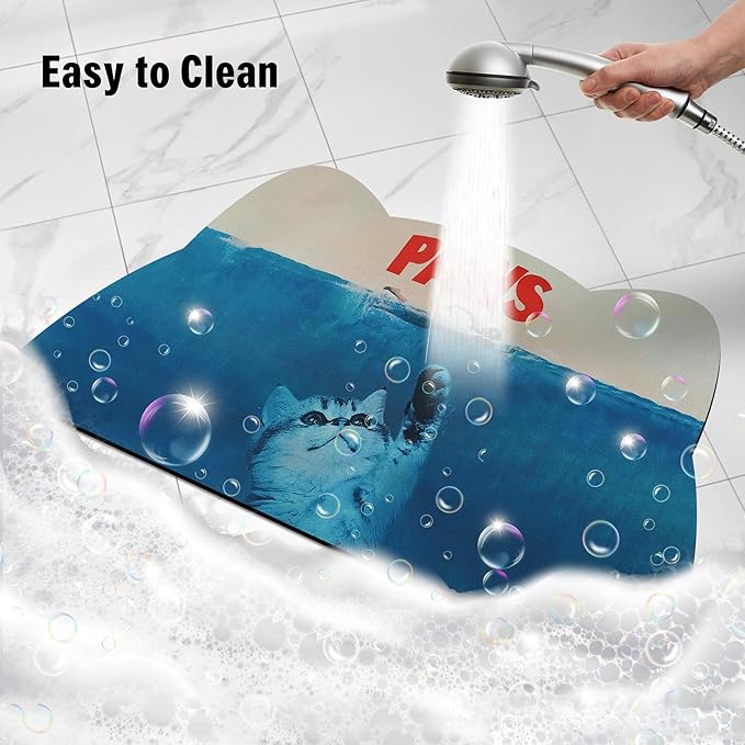 Cat Food Mat - Pet Feeding Mat for Floor, Non-Slip, Waterproof, Super Absorbent, Easy to Clean, Blue, Cat, Dog 18.1''x9.8''