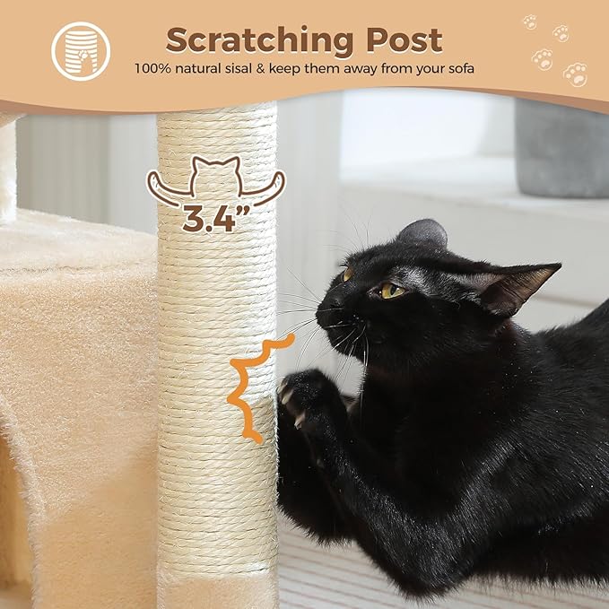 PEQULTI 4-in-1 Cat Tree, 33'' Cat Tower for Indoor Cats with Large Cat Condo, Scratching Post for Cats with Deep Hammock& Cozy Top Perch, Beige