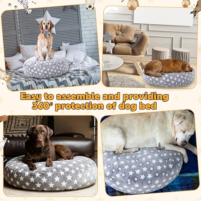 Youyole Large Washable Round Dog Bed Cover Replacement Waterproof 45 x 45 x 11 in Round Donut Bed Cover for Dog Soft Gray Pet Beds Protector Sheet with Lovely Star Print for Donut Beds & Pet Couch