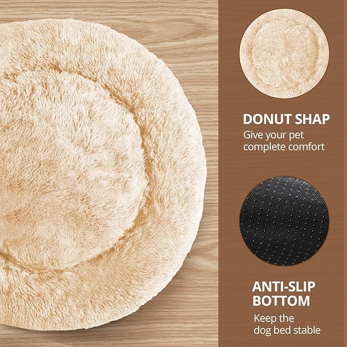 JOLLYVOGUE Calming Small Dog & Cat Bed for Indoor Cats - 20 inches Washable Donut Bed for Kittens & Puppies, Anti-Anxiety Round Fluffy Plush Pet Beds (Fits up to 15 lbs, Off White)