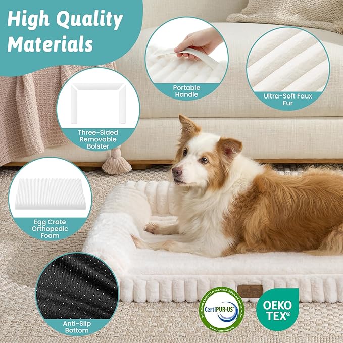Cute Dog Bed for Large Dogs, Faux Rabbit Fur Orthopedic Foam Dog Bed with Sides, Removable Washable Cover & Waterproof Lining, Comfortable Pet Couch, Cream (44" L x 32" W x 7" Th)