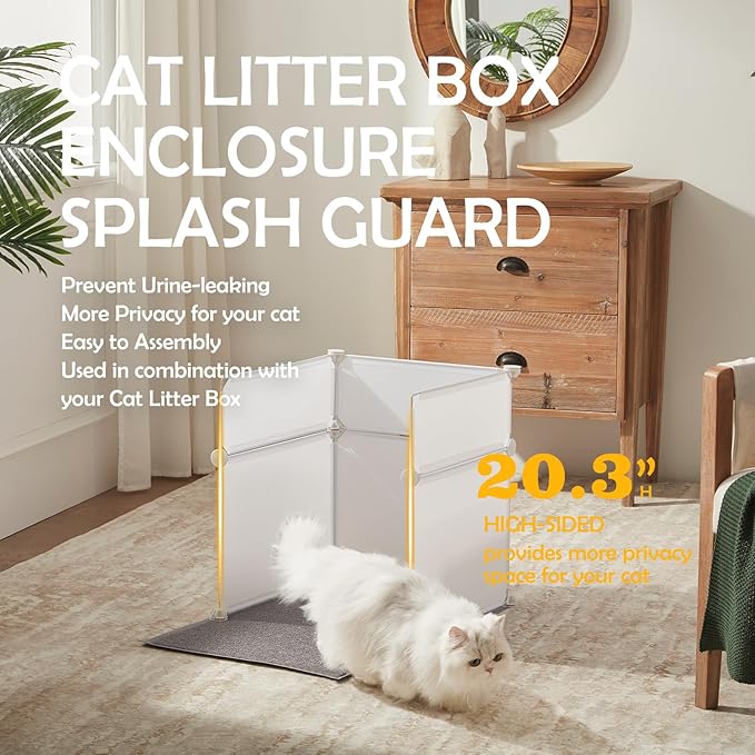 MEEXPAWS Cat Litter Box Enclosure Splash Guard Large L19×W19×H20 inch, Light Weight Plastic Sheets with Cat Litter Mat Easy Clean (White)