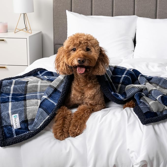 PetAmi Waterproof Dog Blanket for Medium Large XL Dog Puppy Cat Throw for Couch Cover Leakproof Protection, Sherpa Fleece, Reversible Soft Washable 80x60 Plaid Navy Blue