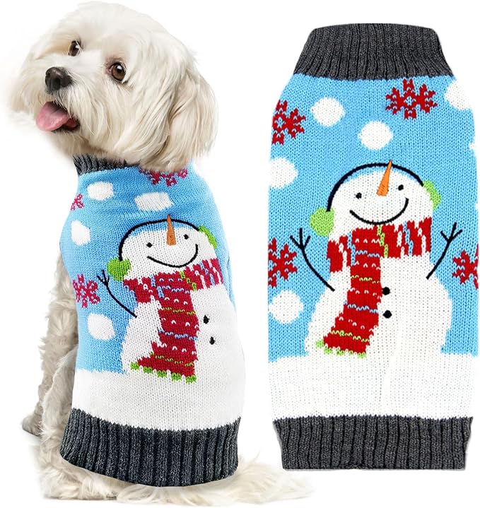 Pet Christmas Dog Sweaters Cute Animal Snowman Printed Puppy Xmas Costumes Winter Warm Turtleneck Jumpers Puppy Knitted Clothes Cat Outfits (L, Blue Snowman)