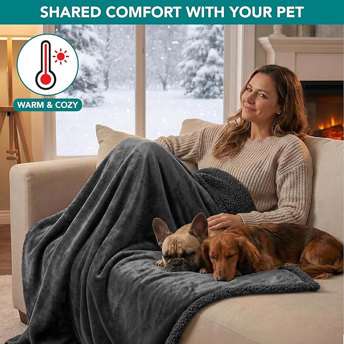 PetAmi Waterproof Dog Blanket for Queen Bed Large XL Dog Throw for Couch Cover Leakproof Furniture Protection, Sherpa Fleece, Reversible Soft Washable 90x90 Gray Gray