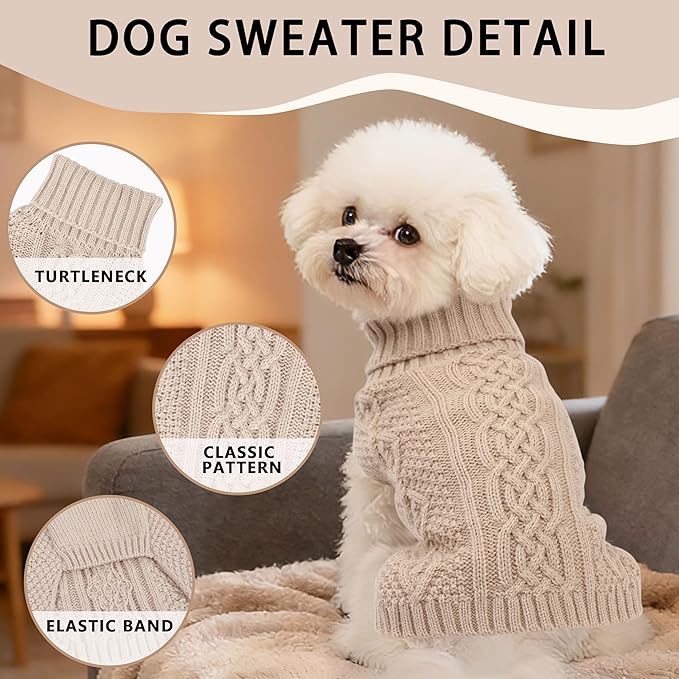 Dog Sweaters for Small Dogs Turtleneck Pullover Puppy Sweater Sleeveless Cable Knit Sweater for Chihuahua Soft and Warm Acrylic Cat Dog Clothes for Cool Weather (Beige, Small)