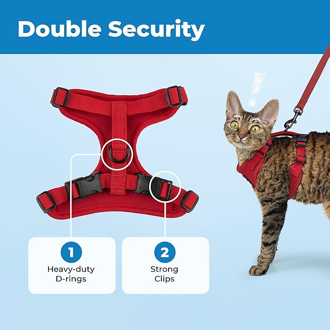 Voyager Escape-Proof Step-in Lock Cat Harness & 5ft Neoprene-Handle Leash Set All-Weather Mesh with Reflective Stitching for Small to Large Cats by Best Pet Supplies, Red (327), M