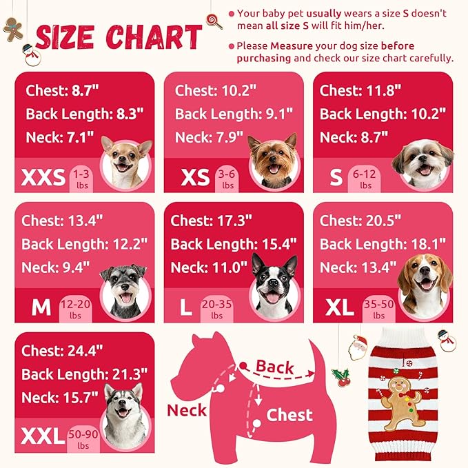 Dog Christmas Sweater Xmas Pet Clothes Cute Striped Gingerbread Man Costume Holiday Puppy Cat Jumpers Outfits New Year Gifts for Small Medium Large Dogs(Red Gingerbread Man,XXS)