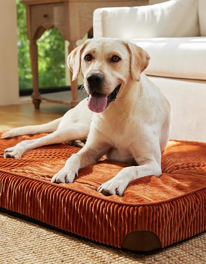 FUKUMARU Dog Bed, Thickened Corduroy Orthopedic Dog Beds with Washable Cover, Large Waterproof Dogs Bed for Crate, 28D Egg Crate Foam Support Pet Mat, Cozy Pet Bed Pad with Anti-Slip Bottom, Orange