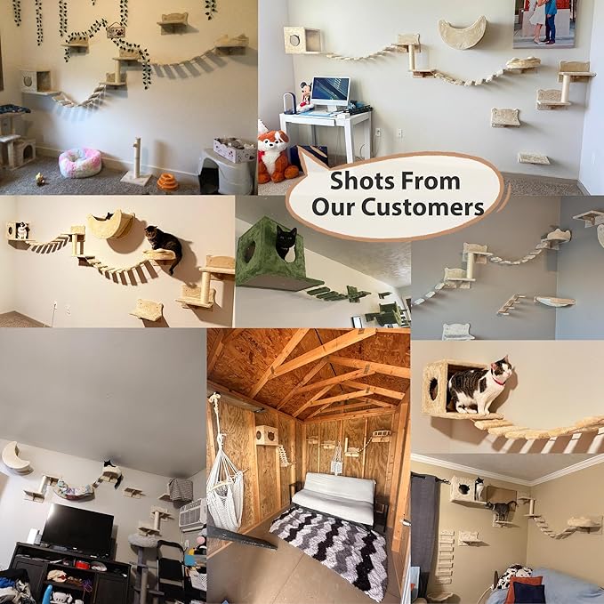 9-in-1 Cat Wall Shelves, Wall Mounted Cats Furniture Set with Plush Fabric, Cat Climbing Systems, Cats Shelf Furniture with Condos, House, Steps, Bridge Ladder, Scratching Post, Green
