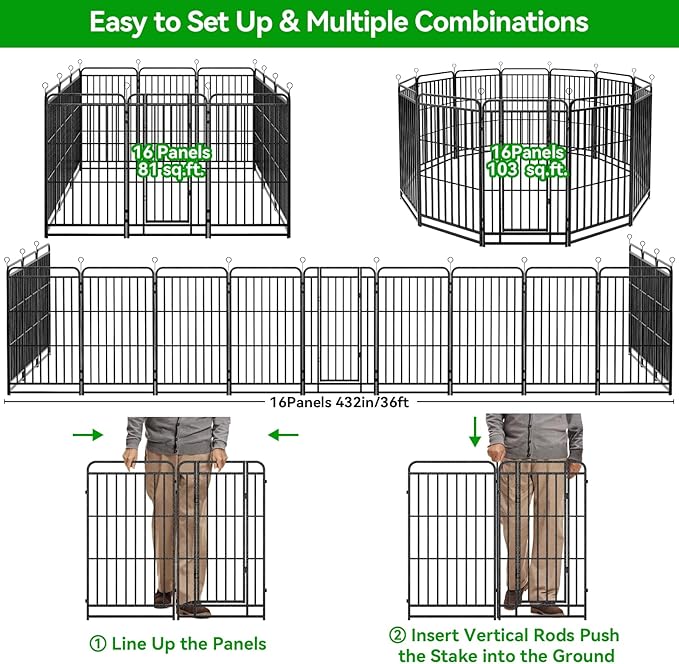 Heavy Duty Dog Playpen: 16 Steel Panels 47" Height, Square Steel Pipe with Reinforced Crossbars, 36FT 103 Sq.ft Portable Fence for Yard RV Camping, Snowy Black