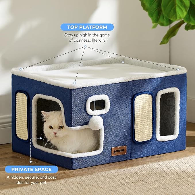 Extra-Wide Cat House for Indoor Cats - Large Cat House for Pet with Fluffy Ball Hanging and Scratch Pad, Foldable Cat Hideaway for Multi Cats, 23x16.5x13 inches, Grey