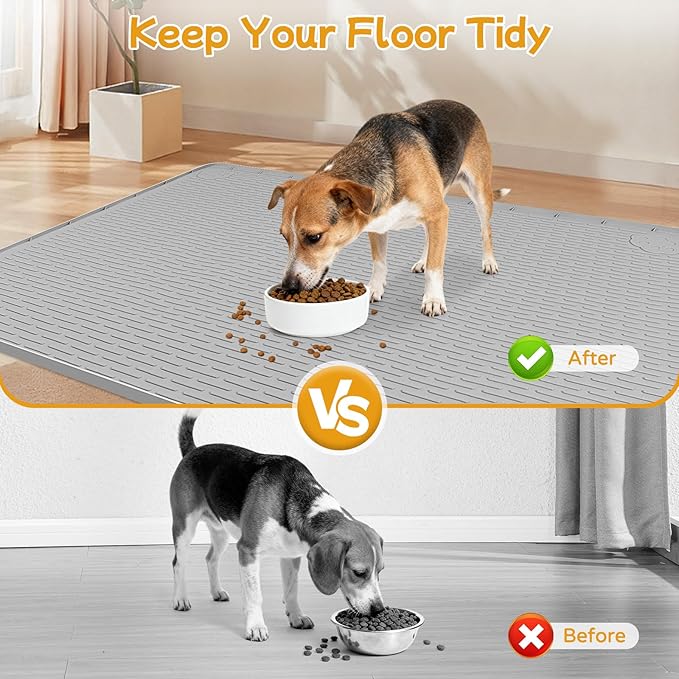 Lanstics Dog Food Mat, 50" x 35" Large Silicone Mat Dog Feeding Mat with Raised Edge Non-Slip Pet Feeding Mat for Food and Water Bowl, Easy to Clean, Floor Protection (Gray)
