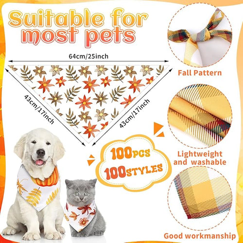 100 Pcs Fall Dog Bandanas Bulk Thanksgiving Pet Bibs Triangle Scarf Autumn Pet Bandanas for Medium Large Dogs Fall Autumn Harvest Festival Thanksgiving Costume Decor