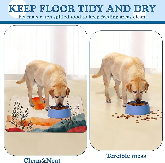 Boho Mountain Sun Pet Food Mat for Cats and Dogs–Christmas Stocking Absorbent Quick Dry Feeding Placemat, Non Slip Rubber Base, Waterproof Bowl Mat for Indoor Use, Pet Supplies 16"x24"