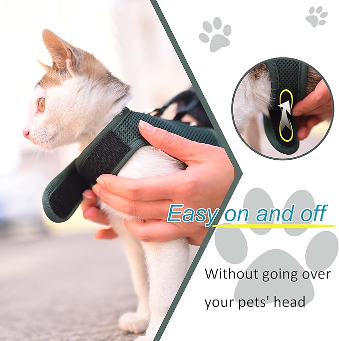 Cat Harness and Leash for Walking Escape Proof Breathable Mesh Fabric, Solid Green, Large, Adjustable Cat Walking Jackets with Handle, Padded Stylish Cat Vest