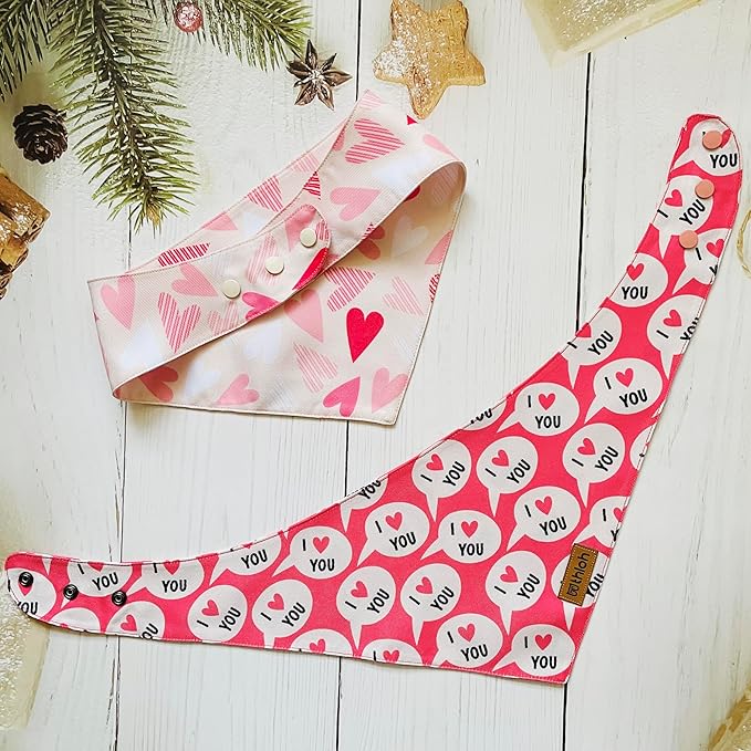 Valentines Dog Bandanas with Snap Button - 2 Pack Reversible Heart Dog Scarf for Boy & Girl, Premium Durable Fabric, Pet Bandana for Large and Extra Large Dogs (X-Large)
