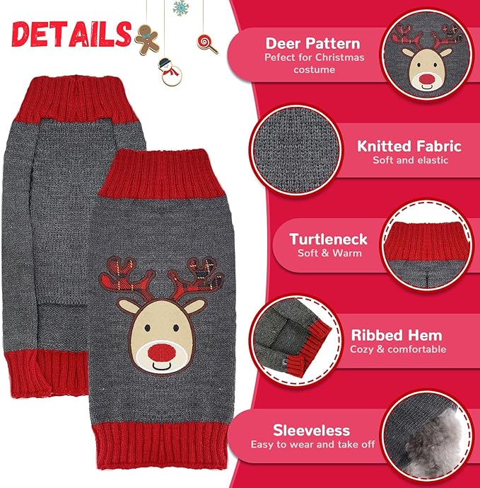 Dog Christmas Sweater Xmas Pet Clothes Cute Gray Reindeer Holiday Puppy Cat Costume New Year Gifts for Small Medium Large Dogs Jumpers (M, Gray Reindeer)