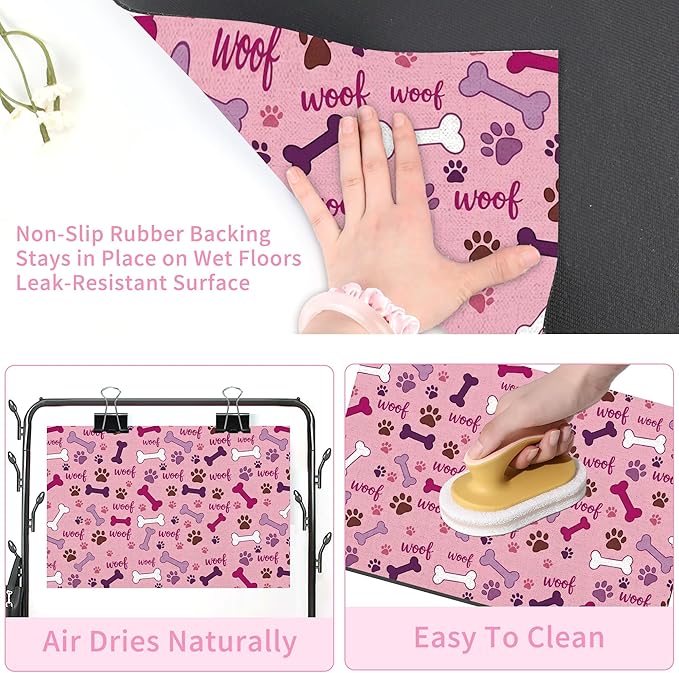Dog Feeding Mat 24 x 16 Inch, Pink Paw Bone Woof Dog Placemat Absorbent Quick-Dry for Food and Water, Waterproof Non Slip Rubber Pet Bowl Pad Mat for Floors