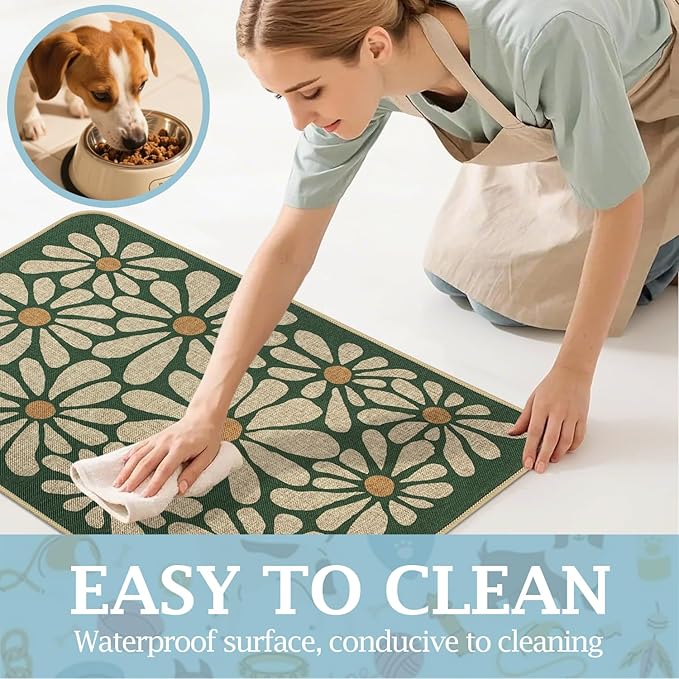 SHIYUE Dog Food Mats for Floors, Absorbent Cat Bowl for Food and Water, Non-Slip Accessories Pet Supplies(16"x24",Forest Green Flower)