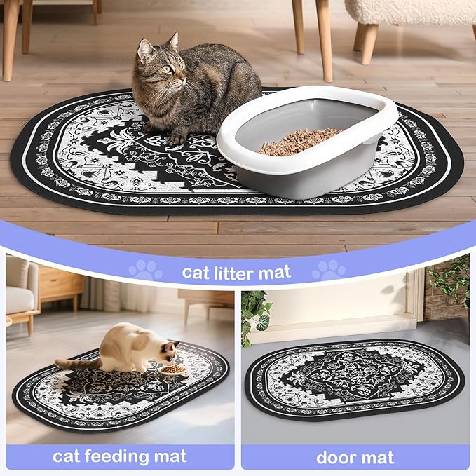 Bienbee Cat Litter Mat, 24" x 15" Litter Box Mat Rug with Non-Slip Bottom,Urine and Water Proof, Easy to Clean Cat Supplies Essentials for Indoor Kitty Kitten Floor, Black M