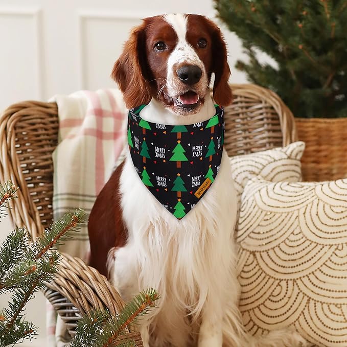 Christmas Dog Bandanas with Snap Button - 2 Pack Reversible Santa Claus Dog Scarf for Boy & Girl, Dog, Christmas Tree Holiday Bandana for Medium and Large Dogs (Large)