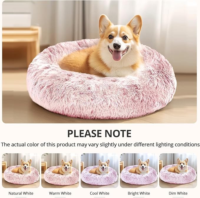 JOLLYVOGUE Calming Dog Bed Medium Size Dog, Anti-Anxiety Donut Medium Pet Bed, 27 inches Fluffy Faux Fur Round Cat Bed (Smoke Pink)