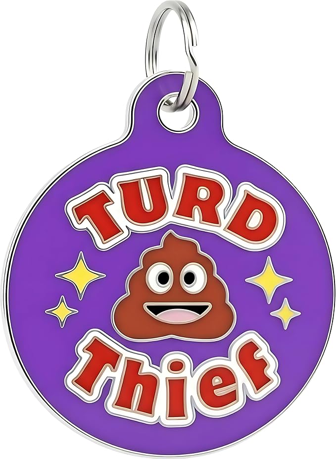 Bad Tags Personalized Dog and Cat ID Tags in 25+ Designs and 2 Sizes - 5 Lines of Custom Engraved Text - Funny Cute Personalized Pet Tags (Turd Thief, Large (1.25 inch))