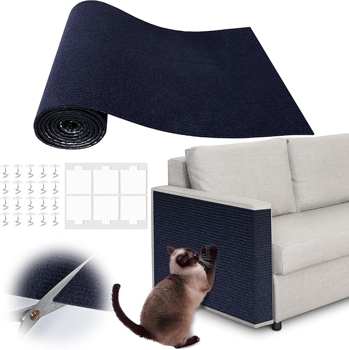 Cat Scratch Furniture Protector - 138" x 15.8" Trimmable Self-Adhesive Cats Claws Scratch Pads, DIY Cat Climbing Couch Protector for Scratch Post Cat Tree Replacement Indoor (Dark Blue)