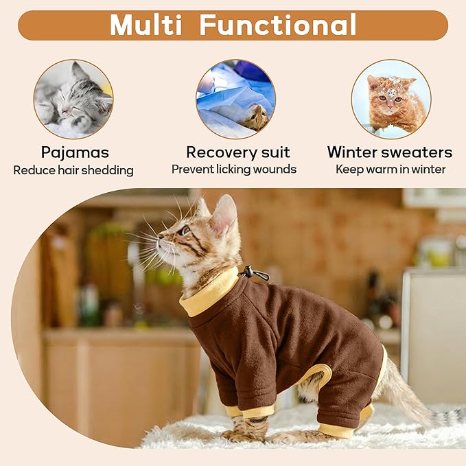 PUMYPOREITY Cat Hair Sticky Shirt – Breathable & Lightweight, Reduces Shedding Fur Pajamas, Prevents Licking Wounds After Surgery, Brown, L