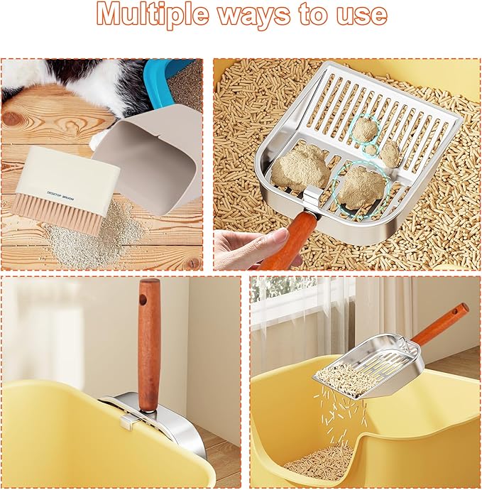 Stainless Steel Cat Litter Scoop with Holder, Kitty Poop Scooper Stand for Litter Box, Fast Sifting Non-Stick Cat Poop Scooper with Coarse and Fine Grids for All Litter Pan, Gray