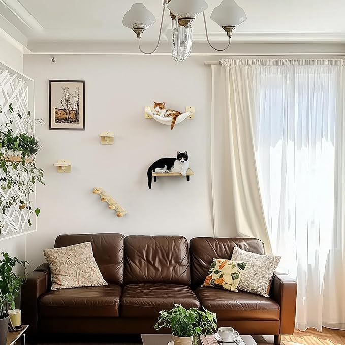 FUKUMARU Cat Wall Hammock with Two Steps Set, Modern Cat Climbing Shelves Furniture, Kitty Bed with Thickened Fabric for Sleep, Climb and Play