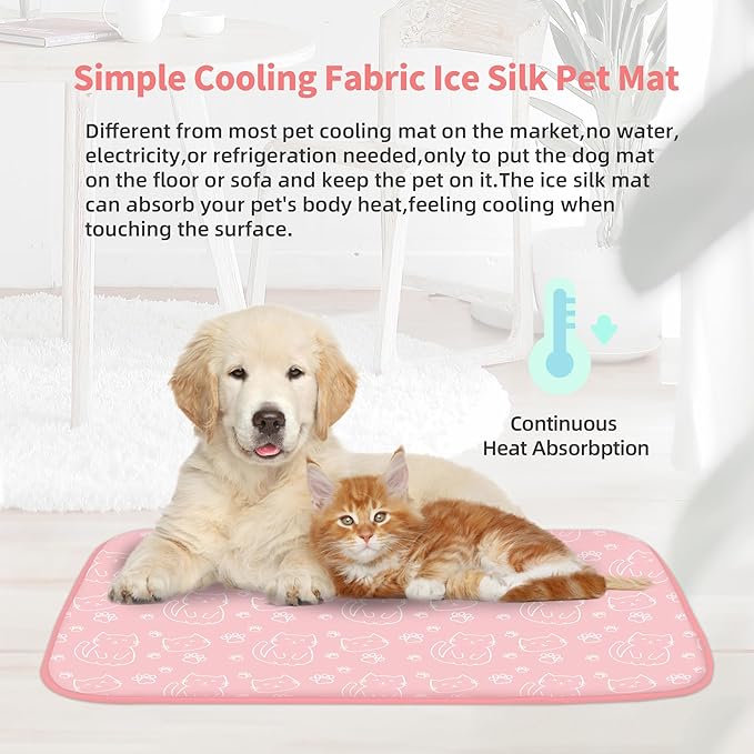 NWK Pack of 4 Pet Cooling Mat - Ice Silk Cooling Mat for Dogs & Cats Portable & Washable Pet Cooling Blanket, Car Seats, Beds for Summer (4pcs, Pink Cat, 20’’ X 16’’ X 0.3)