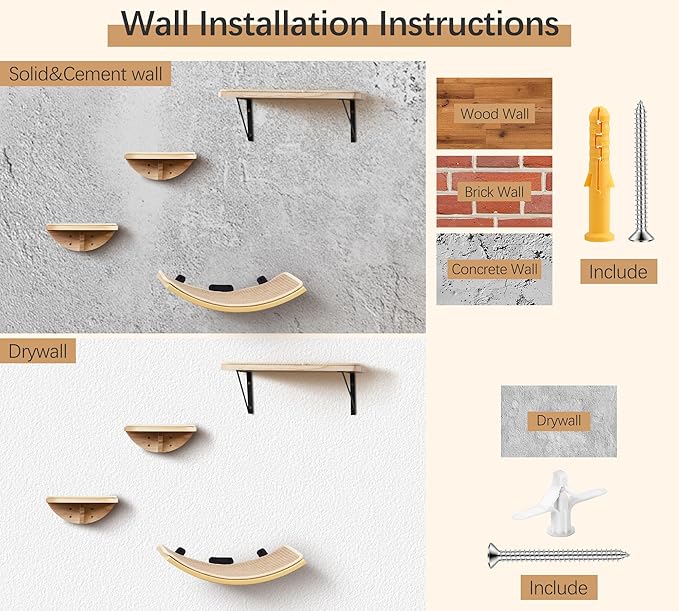 Cat Window Perches, Curved Cat Wall Beige Bed and 2 Floating Wall Steps, Wall Mounted Climbing Shelves for Sleeping, Playing, and Lounging